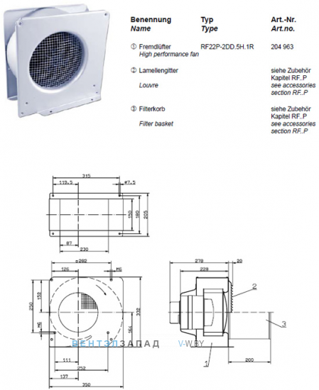 Габаритные и присоединительные размеры, исполнение, артикул Ziehl-abegg RF22P-2DD.5H.1R