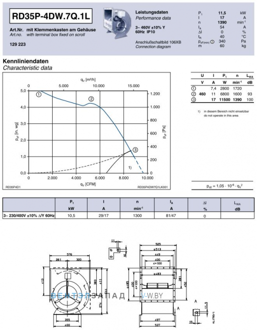 Ziehl-abegg RD35P-4DW.7Q.1L центробежный двухстороннего всасывания